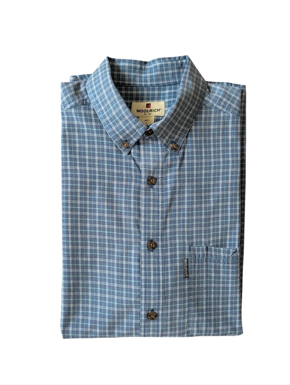 Woolrich Plaid Button Down Short Sleeve Shirt LARGE Blue White/Cream Pocket